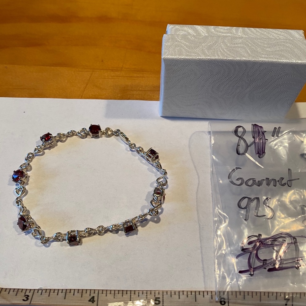 Sterling Silver Garnet & Hearts Bracelet & Box
